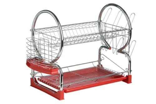 Image of Premier Housewares 2 Tier Dish Drainer, Dish Rack with Drip Tray, Sink Caddy - Chrome/Red