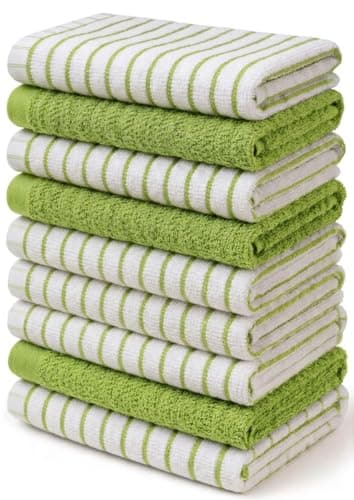 Image of Towelogy® Green Tea Towels for Kitchen | Pack of 9 Large 60x40cm Wonderdry Cotton Terry Dish Drying Towels | Everyday Value Multi-Pack
