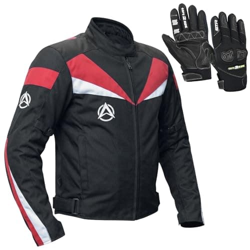 Image of ONEX Waterproof Motorbike Jacket for Men CE Protected Touring Riding Jacket Windproof + Free Gloves (UK, Alpha, M, L, Regular, Regular, Red)
