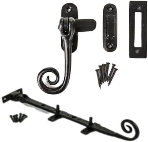 Image of 10-Inch Antique Cast Iron Monkey Curly Tail Window Stay Casement Fastener & Window Stays Combo Set Vintage Monkey Tail Window Catch Curly End Casement Fastener Combo Pack.