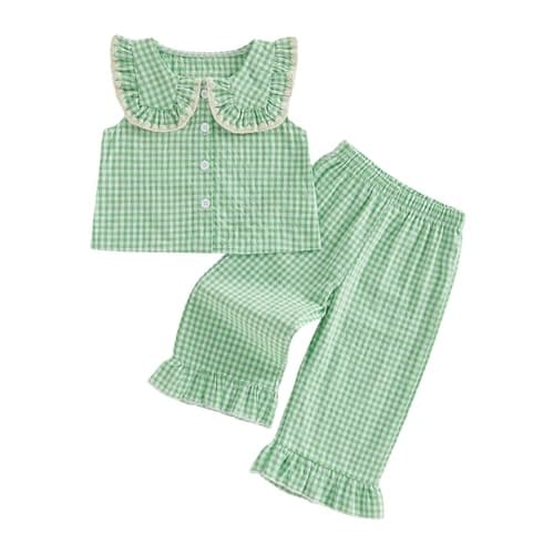 Image of Barbotimer Toddler Baby Girl Summer Outfit Doll Collar Plaid Sleeveless Tank Tops Shirt Ruffle Pants Kids Casual Clothes Set 1-5Y (Green, 4-5 Years)