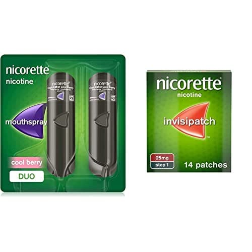 Image of Nicorette QuickMist Cool Berry Mouth Spray Nicotine-Duo-2 x 150 Sprays, 1 mg (Stop Smoking Aid) & Step 1 InvisiPatch Nicotine 14 Patches, 25 mg