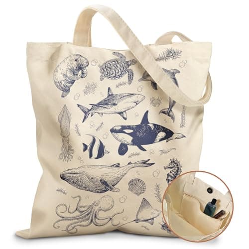 Image of Miss Adola Tote Bag - with Magnetic Buckle and Zipper Inner Pocket for Women Lady Cloth Cotton Tote Bag Aesthetic Sea Fish for Travel, Gym, Work, Travel, Shopping