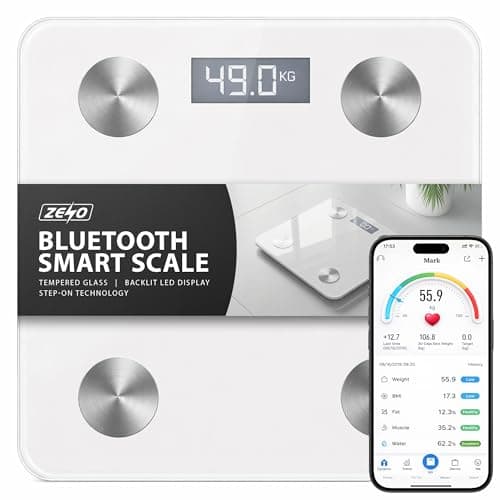 Image of ZENO Digital Bathroom Scales | Smart Bluetooth Scales for Body Weight with Smartphone App & High Precision Measurements | Sturdy Tempered Glass | Backlit LED Display | Step-on Technology | 180kg White