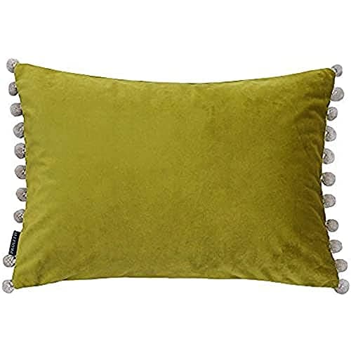 Image of Riva Paoletti Fiesta Rectangular Filled Cushion Green Beige Pompom Edges-Faux Velvet Fabric-Discreet Zip Closure-100 Case (14" x 20" inches), Polyester, Bamboo/Natural, 35 x 50cm
