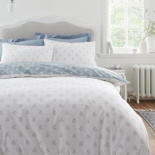 Image of Bianca Esme Floral 200 Thread Count Cotton Reversible King Duvet Cover Set with Pillowcases White Blue
