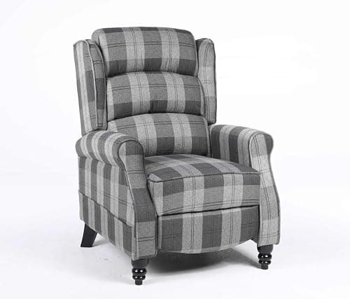 Image of SQUAREBOXX Kensington Premier Recliner Armchair, Checkered Fabric, Push Back Mechanism (Grey)