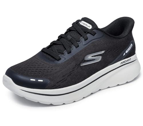 Image of Skechers Men's Go Walk Arch Fit N-Joy Nobend Slip-On Sneakers, Black Textile/White Trim, 12 UK