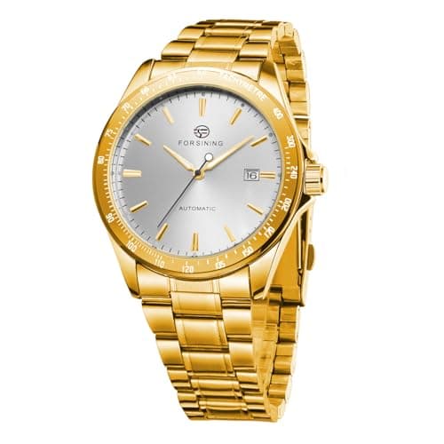 Image of FORSINING Men's Automatic Self Wind Watch Date Window Display Stainless Steel Watch, Gold White, Classic