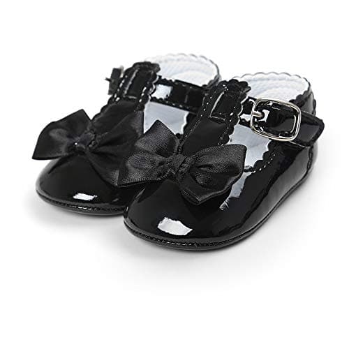 Image of LACOFIA Infant Baby Girls T-Bar Anti-Slip Bowknot Princess Party Shoes, 12-18 Months, A Black