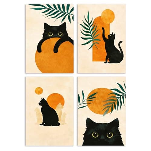 Image of Beho 4Pcs Black Cat Wall Decor, Hanging Wall Art, Unframed Canvas Artwork, Farmhouse Prints for Walls, Aesthetic Room Decor for Bedroom, Living Room & Office, Lovely Cat Gifts