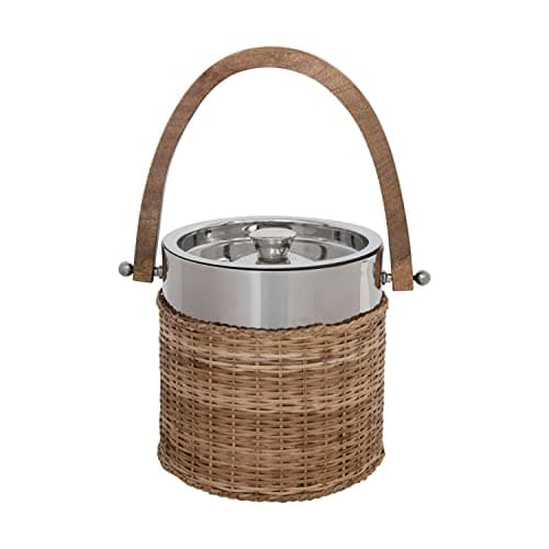 Image of Creative Co-Op Stainless Steel and Woven Rattan Mango Wood Handle Ice Bucket, 7" L x 10" W x 7" H, Natural