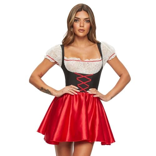 Image of Ann Summers Halloween Beer Maid Dress – Oktoberfest Outfit with Bardot Neckline & Satin Finish, Bavarian Costume with Mock Lace-Up Front & Apron – Ideal for Role Play, Parties or Fancy Dress Black/Red