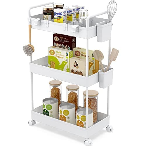 Image of Ronlap Slim Storage Trolley, 3 Tier Rolling Cart Storage Organizer, Utility Rolling Cart with Handle Hanging Cups Dividers for Office Bathroom Kitchen Laundry Room Narrow Places, White
