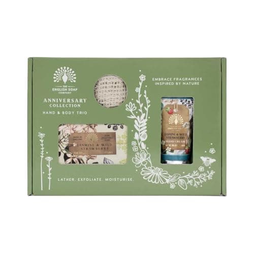 Image of The English Soap Company Anniversary Jasmine and Wild Strawberry Hand and Body Gift Set, Cruelty-Free Toiletries Trio (Gift Box, Jasmine & Wild Strawberry)