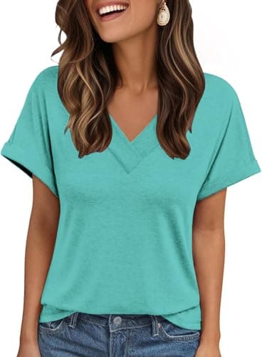 Image of ELFIN Womens Short Sleeve Tshirts Cross Collar Deep V Neck Casual Tops Cute Plain Basic Summer T-Shirt Outfit Sky Blue