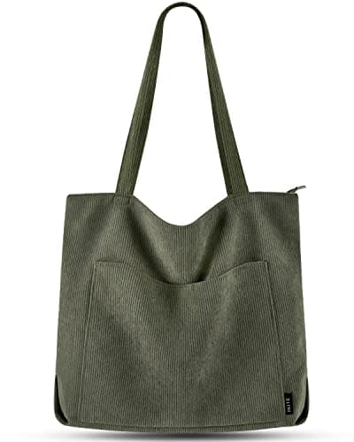 Image of Prite Corduroy Tote Bag for Women Large Shoulder Bag with Zipper and Pockets for College School Work Travel Shopping (Dark Green)