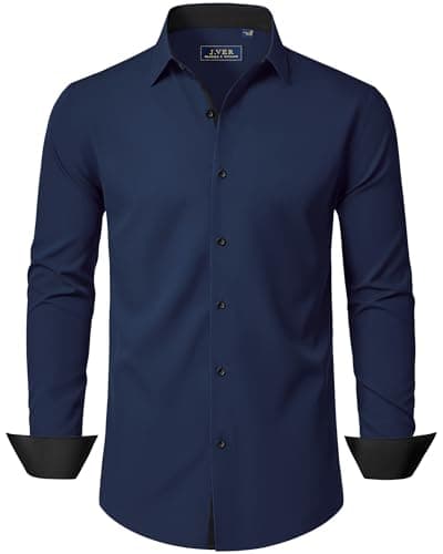 Image of J.VER Men's Dress Shirts Long Sleeve Slim Fit Business Casual Stretch Non Iron Wedding Formal Fashion Navy Blue Shirt M