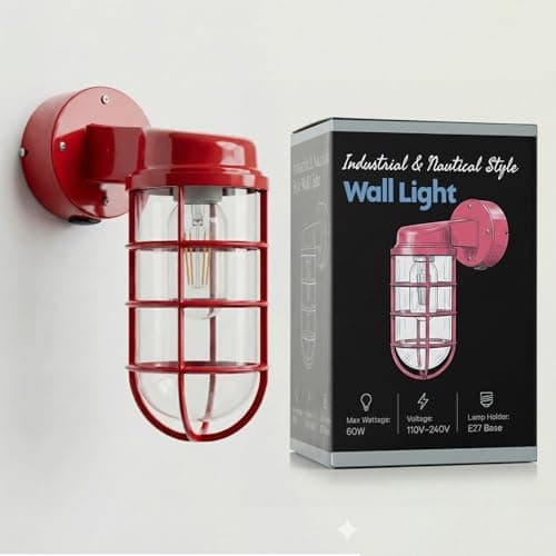 Image of LEDSone Industrial Nautical Cage Wall Light Pink Metal Indoor Wall Sconce E27 Holder Vintage Style Wall Lamp for Bedroom Living Room Hallway (Red)