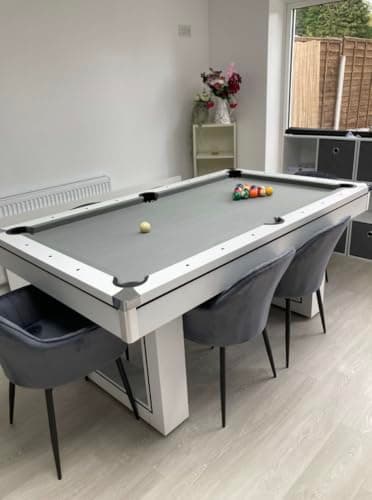 Image of 6ft or 7ft Pool Table with Dining Top and Table Tennis in Stylish Colours with Chrome Corner Caps Multi Use Games Table with Accessories Included (Electric White, 7ft)