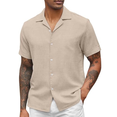 Image of Men's Casual Shirt Summer, Cotton Linen Turndown Collar Short-Sleeved Business Office Shirts, Lightweight Breathable Beach Shirts, Regular Fit Button-Down Short Sleeve Tshirt, Holiday Blouse Tops