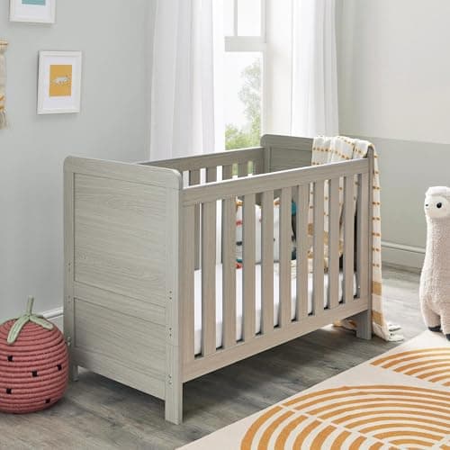 Image of Babymore Caro Mini Cot Bed Grey Wash - Baby Cot Bed With Teething Rail Without Mattress, Convertible to Toddler Bed With 3 Adjustable Mattress Base Positions | Up to 4 Years
