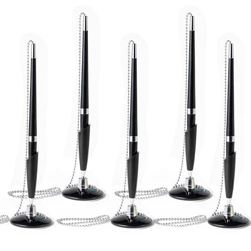 Image of NAUZE 5 Pieces Counter Pen Black Reception Pen Desk Set On Chain With Stand Security Pen Holder Ink Pen Desktop Ballpoint Pen for Bank Office Hotel Home