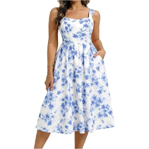 Image of Belle Poque Women Floral Print Midi Dress Square Neck Sleeveless A Line Casual Summer Sundress with Pockets White Blue Floral S