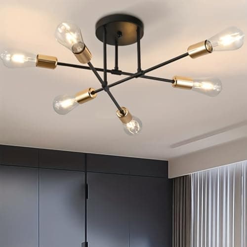 Image of Chandelier Sputnik Ceiling Light, 6 Lights E27 Black Gold Modern Chandelier, Semi-Flush Mount Ceiling Lamp Vintage Ceiling Lighting for Living Room, Bedroom, Dining Room, Kitchen(no bulb no shade)