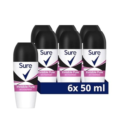 Image of Sure Invisible Pure Anti-Perspirant Roll On Women's Deodorant that protects against white marks and yellow stains for 48 hour sweat and odour protection 6x 50 ml
