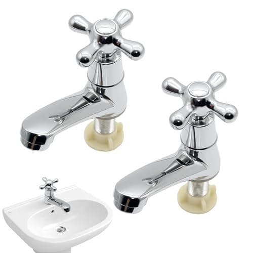 Image of Traditional Basin Taps Pair, 2 pcs Bathroom Taps, Solid Brass Tap for Bathroom Basin, Polished Sink Mixer Pillar Tap, Victorian Style Cross Lever Design for Wash Basins