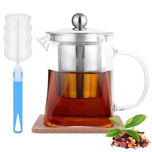 Image of HOTUT Square Glass Teapot with Infuser,550 ml Borosilicate Tea Pot,Removable Infuser Tea Pot with Coaster and Sponge Brush,Borosilicate Glass Teapot for Stovetop Safe for Blooming Tea,Loose Tea,Coffee