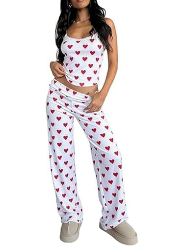 Image of SANSIWU Women Y2k Heart Print Pajama Set Sleeveless Crop Cami Top Low Waist Pants Pj Set Valentines Sleepwear Outfits (Creamy White, L)