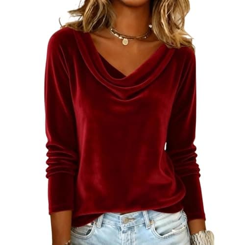 Image of Velvet Tops for Women Long Sleeve Cowl Neck T Shirts Plus Size Casual Blouses Loose Fit Longline Tunic Tops Solid Color Long Length Blouse Party Elegant Holiday Shirt(Red, L)