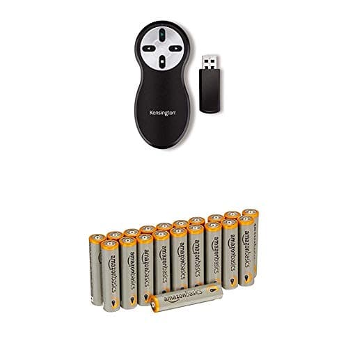 Image of Kensington Non-Laser Wireless USB Presentation Clicker, Compatible with Windows & macOS - 20m Range (K33373EU) with Amazon Basics Batteries