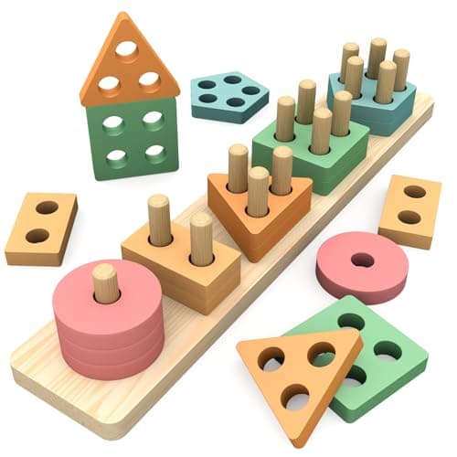 Image of OSLINE Montessori Wooden Shape Sorter Stacking Toys for Toddlers, Kids Preschool Educational Learning Toys, Colour Sorting Puzzles, Birthday Gifts for Kids Boys Girls Presents