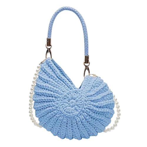 Image of Handmade Crochet Seashell Bag - Women's Boho Beach Tote Handbag with Pearl Accent, Crochet Shell Purse for Summer Vacation, Shoulder Crossbody Hobo Clutch (Blue)