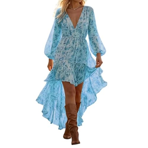 Image of Western Dresses for Women,Long Sleeve Dress Casual Flowy A-Line Midi Dresses V-Neck Vocation Floral Print Boho Beach Sundress（L,01-Blue）