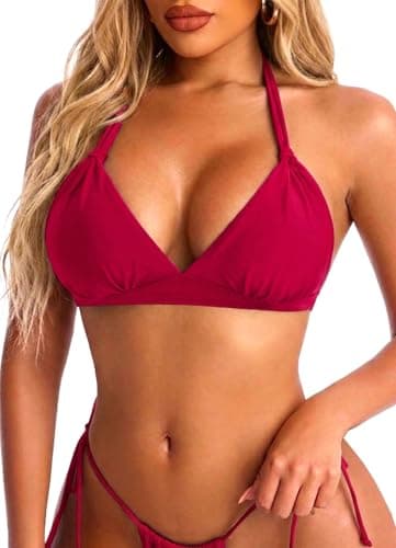 Image of HAWILAND Women Ladies Halter Triangle Bikini Top with Removable Pads Bathing Suit Swim Top Red Large