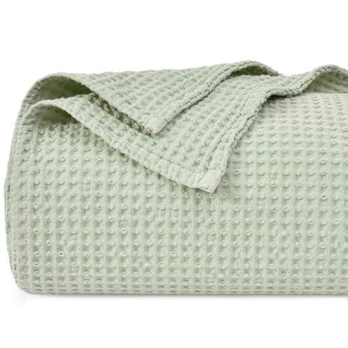 Image of PHF 100% Cotton Waffle Weave Blanket King Size 220 x 240cm, Pre-Washed Lightweight Breathable Throw Blanket, Oeko-TEX Certified for Bed Couch Sofa, Home Decor, Sage Green