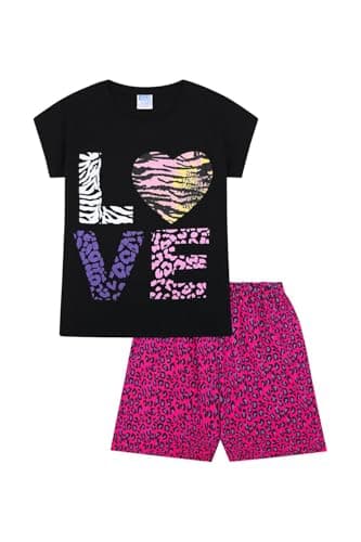 Image of ThePyjamaFactory Girls Love Animal Print Short Black Pyjama Set (12-13 Years)
