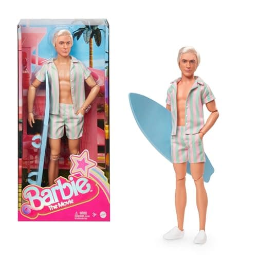 Image of Barbie The Movie Ken Doll Wearing Pastel Pink and Green Striped Beach Matching Set with Surfboard and White Sneakers, JBJ54