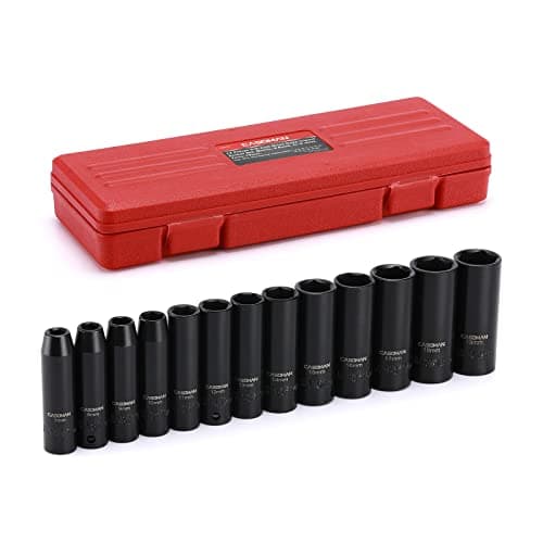 Image of CASOMAN 3/8-Inch Drive Impact Socket Set, 6-Point, Metric, Deep, CR-V, 7mm to 19mm, 13 Piece Set