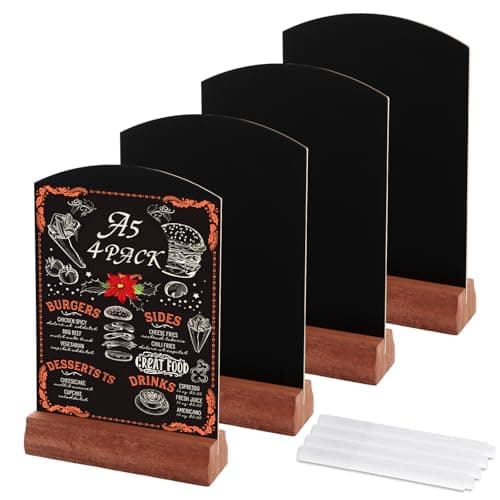 Image of CYEER A5 Chalk Board Set of 8, Desktop Blackboard with Removable Wooden Stands, Double Sided A5 Display Chalk Board Presentation for Restaurant, Hotel, Wedding, Bar, Food Truck, Office, Counter