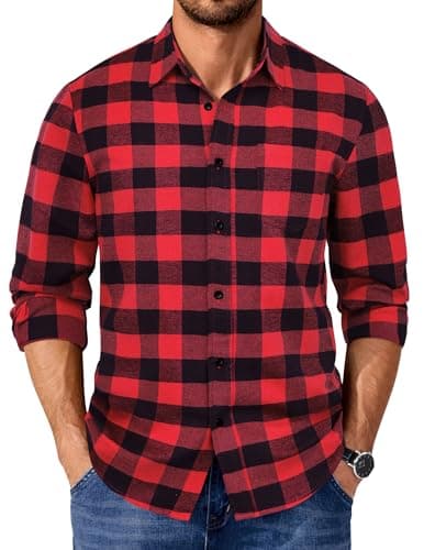 Image of COOFANDY Mens Flannel Shirts Long Sleeve Men's Checked Shirt Casual Plaid Lumberjack Shirts Tartan Work Tops Black Red XL