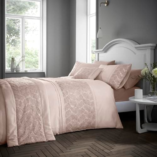 Image of Portfolio Home Rouen Embellished Sequens Geometric Blush Pink King Soft Easy Care Bed Linen Bedding Duvet Cover Quilt Set With Pillow Cases