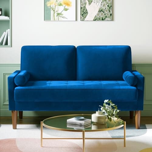 Image of Vesgantti Small 2 Seater Sofa in Blue - Modern Love Seat with Spring Cushion and Wood Legs, Comfy Velvet Couch for Living Room, Bedroom, Office