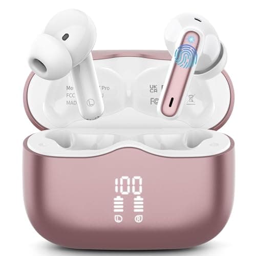 Image of Wireless Earbuds, Bluetooth 5.4 Headphones in Ear with HiFi Stereo Deep Bass, 4 ENC Noise Cancelling Mic Wireless Earphones 40H Playtime, Bluetooth Earbuds Dual LED Display, IP7 Waterproof, Rose gold