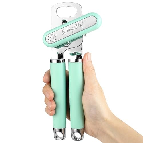 Image of Spring Chef Stainless Steel Can Opener - Manual with Soft Grip Handles, Easy Turn, Heavy Duty Hand Can Opener for Seniors with Smooth Edge - Built-in Magnetic Lid Remover - Mint
