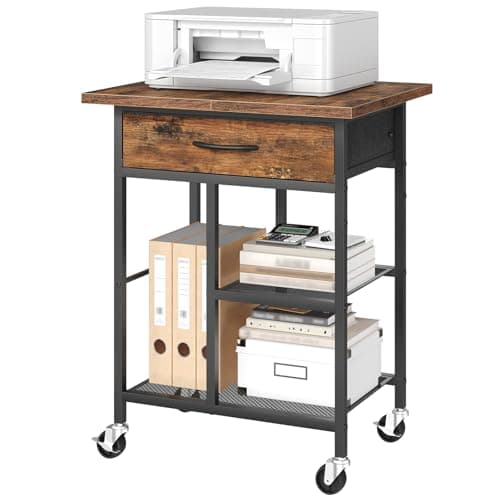 Image of MAHANCRIS Printer Stand, Mobile Printer Table with Fabric Drawer, 3-Tier Under Desk Printer Cart with Storage Shelves, Rolling Storage Stand for Office, Study, Living Room, Rustic Brown APTHR3301